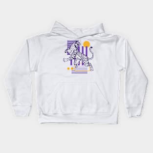 Retro 80s Purple & Gold Tiger on the Attack // Vintage Geometric Shapes Background Kids Hoodie